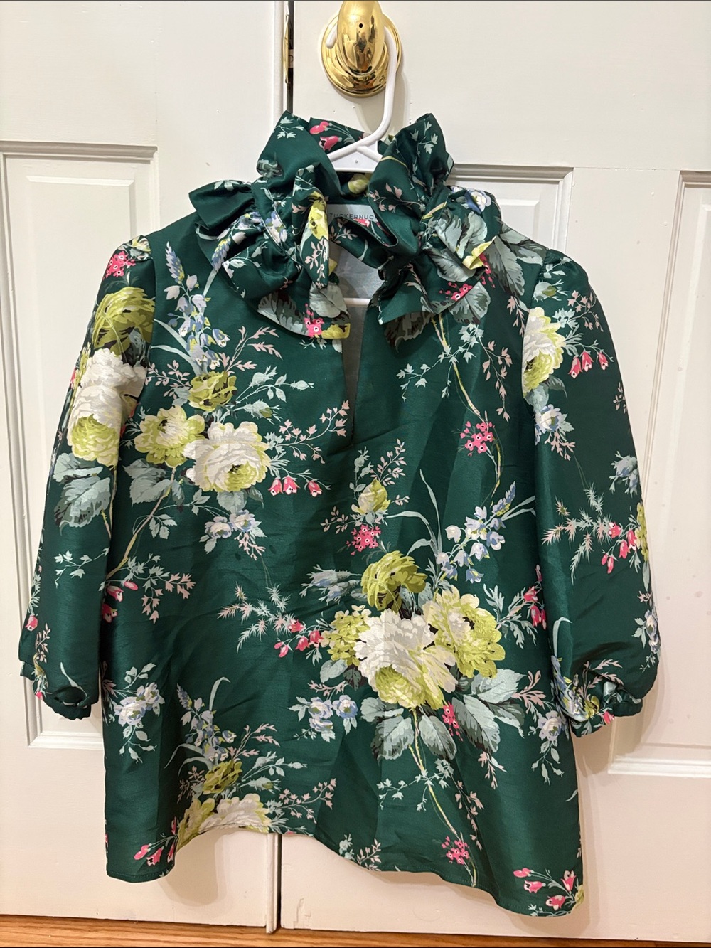 Tuckernuck Emerald Green Floral Ruffle Neck Top
